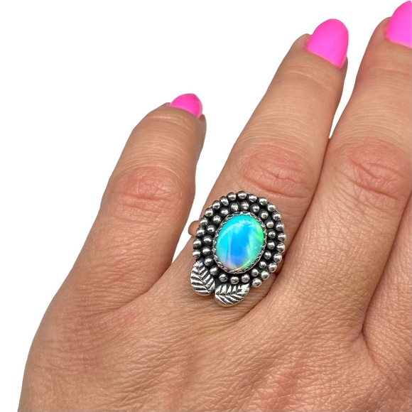Aura Aurora Opal Ring Size 7 Solid 925 Sterling Silver - Picture 4 of 12